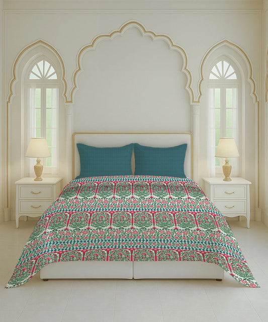 Home Essential Royal Bloom Queen Bedsheet Set, Rosario Teal| 144TC Cotton| 2 Pillow Covers