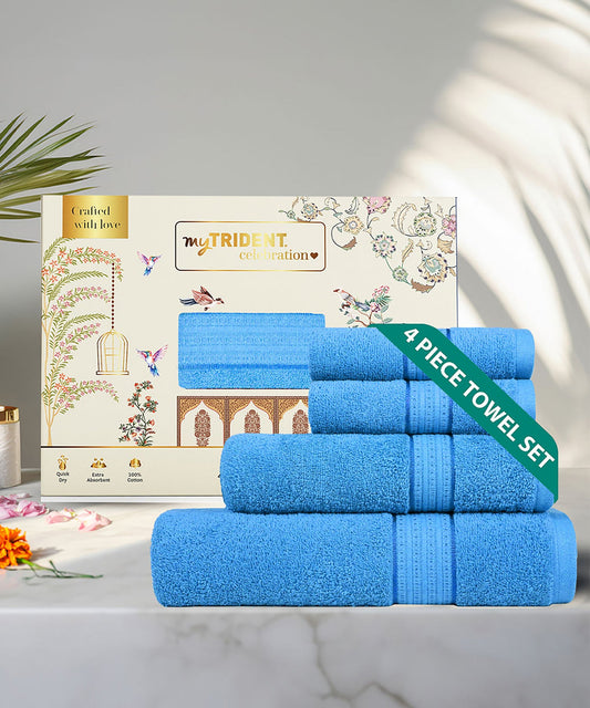 Celebration 4Pc Towel Set, Perfect Blue| 450 GSM Cotton