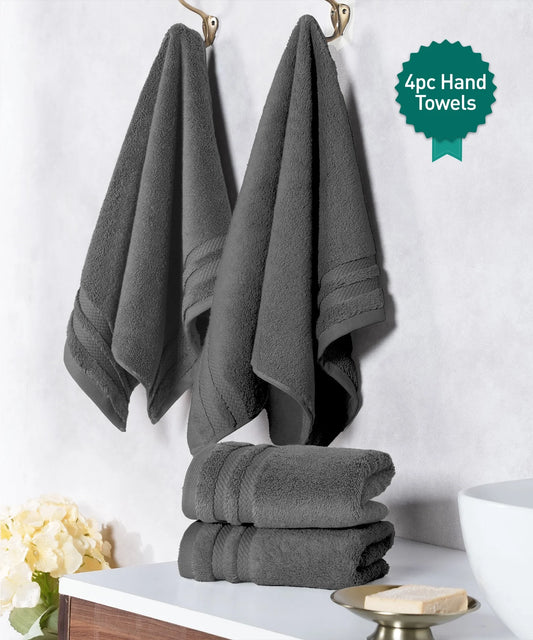 Luxury 4 PC Hand Towel Set, Charcoal|625 GSM Cotton|Anti Microbial