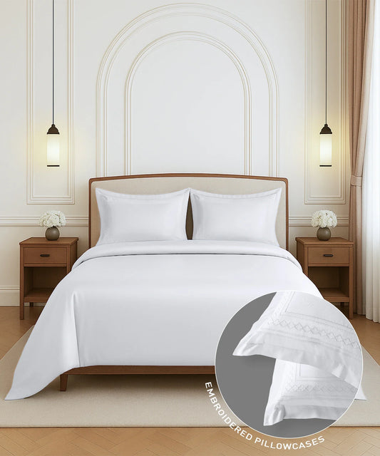 Nectarsoft Luxe Living Solid King Bedsheet Set, Watson, Snow White|300 TC Cotton| 2 Pillow Cover