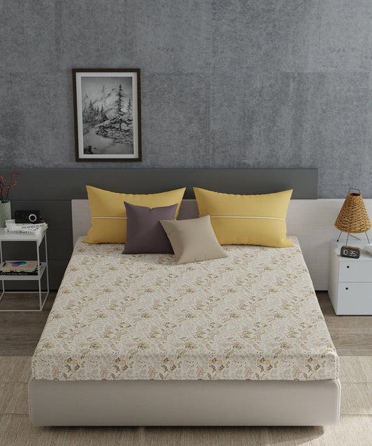 Everyday Diana Yellow Queen Bedsheet With 2 Pillow Cover, 120TC, 100% Cotton, Floral, Yellow