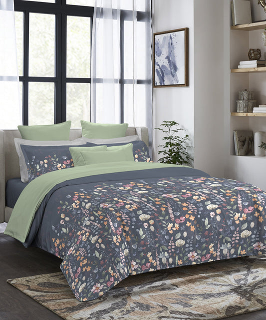 Indulgence Painterly Pattern King Bedsheet Set, Blue Bell|300TC Cotton| 4 Pillow Covers