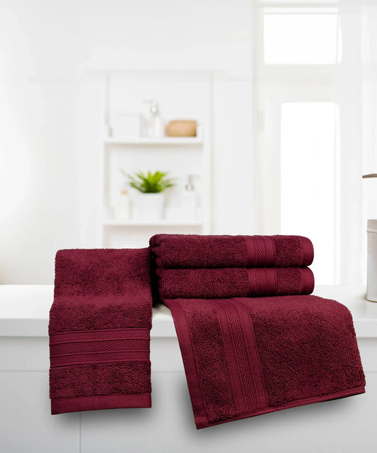 Soft Comfort 4Pc Hand Towel Set, Red Wine|509 GSM Cotton|Air Rich Technology