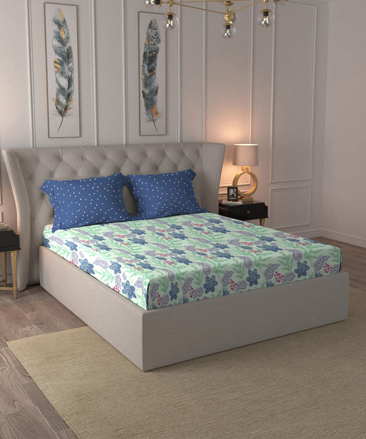 Dusk & Dawn Queen Bedsheet Set, Glitter Blue|144 TC Cotton|2 Pillow Covers