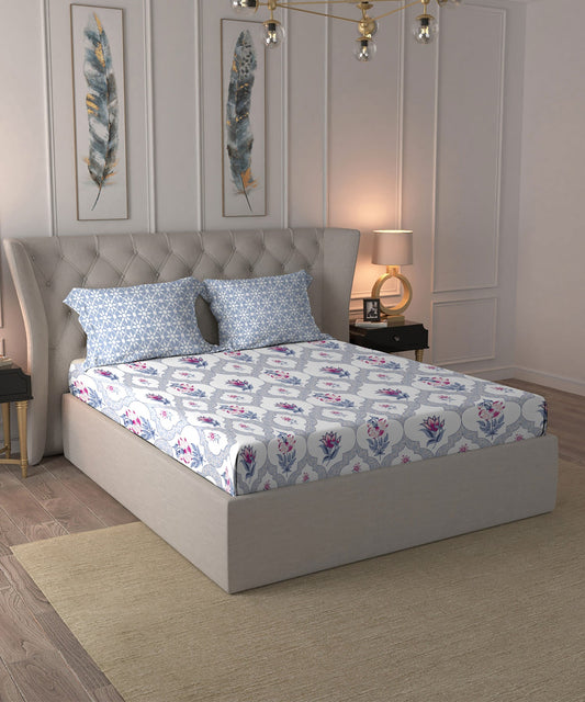 Dusk & Dawn Queen Bedsheet Set, Gulmohar Blue|144 TC Cotton|2 Pillow Covers
