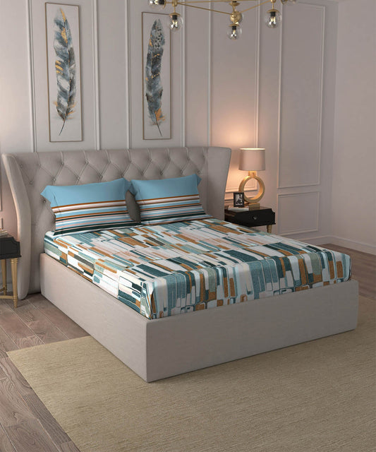 Dusk & Dawn Queen Bedsheet Set, Crossroads Blue| 144 TC Cotton|2 Pillow Covers