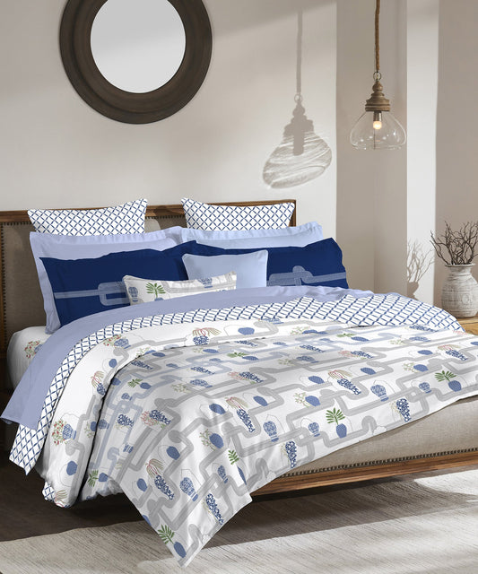 Road To Jaipur Bedding Set, Blue Pottery| 210 TC|4 Pc Set