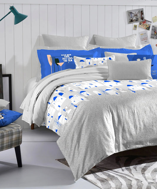 His & Her King Bedsheet Set, Soiree@Sea|144 TC Cotton| 2 Pillow Cover & 2 Cushion Covers
