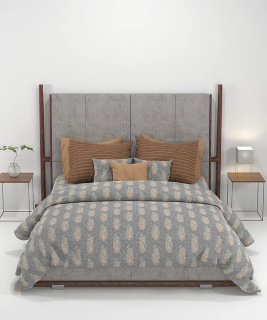 Carnival Ajrakh King Bedsheet Set,Katha Grey|144 TC Cotton|2 Pillow Covers