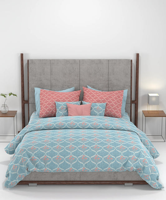 Carnival Ajrakh King Bedsheet Set, Rajwada Powder Blue |144 TC Cotton|2 Pillow Covers