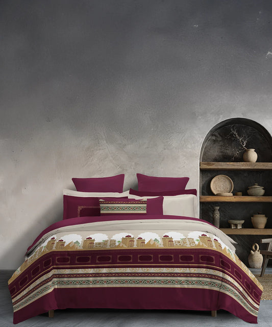 Classic Safarnama King Bedsheet Set| The Golden Chariot| 210 TC Cotton| 4 Pillow Covers