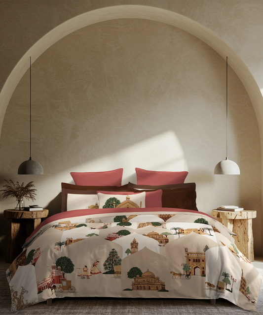Classic Safarnama King Bedsheet Set| Awadhi Ride | 210 TC Cotton| 4 Pillow Covers