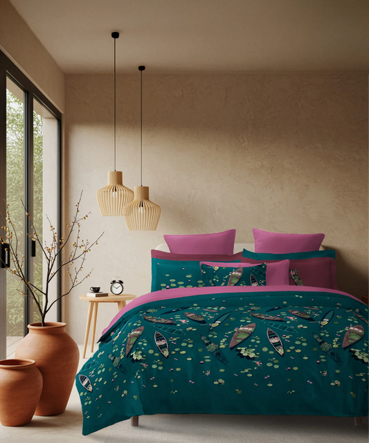 Classic Safarnama King Bedsheet Set| Lakeside Drift | 210 TC Cotton| 4 Pillow Covers