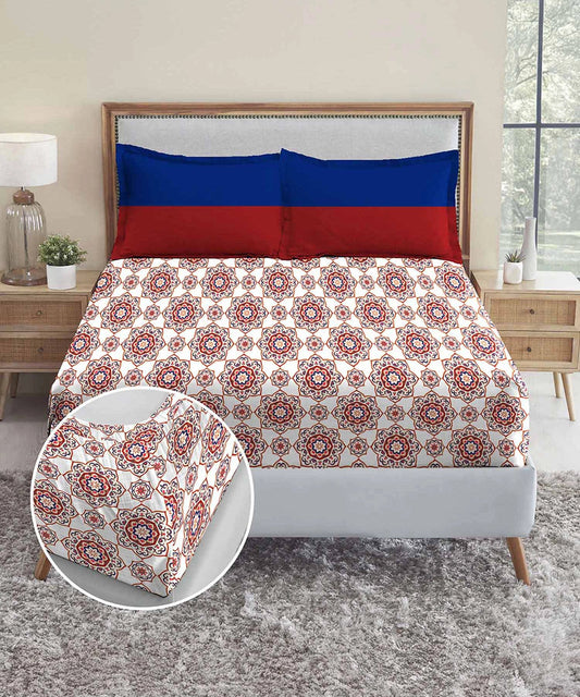 Urban Comfort King Fitted Bedsheet Set, Majestic Mandala Red|144 TC Cotton| 2 Pillow Covers