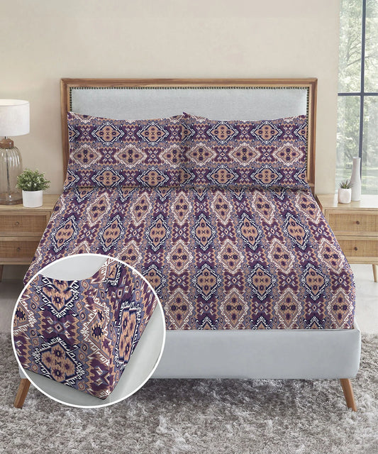 Urban Comfort King Fitted Bedsheet Set, Modern Indigo|144 TC Cotton| 2 Pillow Covers