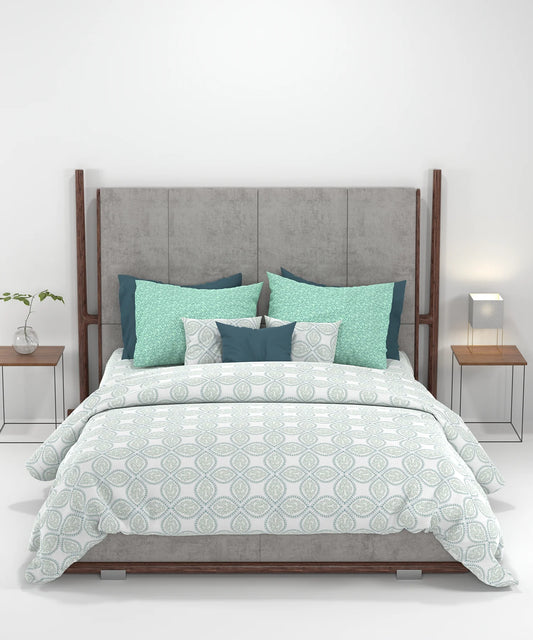 Carnival Ornate Queen Bedsheet, Chaithra Ice Green |144 TC Cotton| 2 Pillow Covers