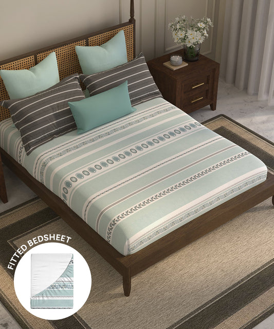 Home Essential Suzani King Fitted Bedsheet Set, Naqsh|144 TC Cotton| 2 Pillow Covers