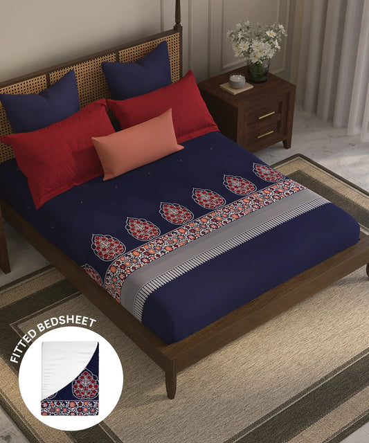 Home Essential Suzani King Fitted Bedsheet Set, Neel Tara|144 TC Cotton| 2 Pillow Covers