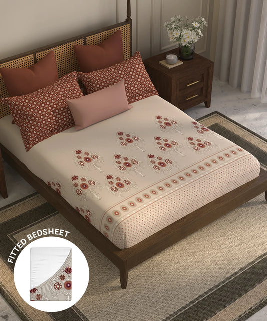 Home Essential Suzani King Fitted Bedsheet Set, Peepal Phool|144 TC Cotton| 2 Pillow Covers