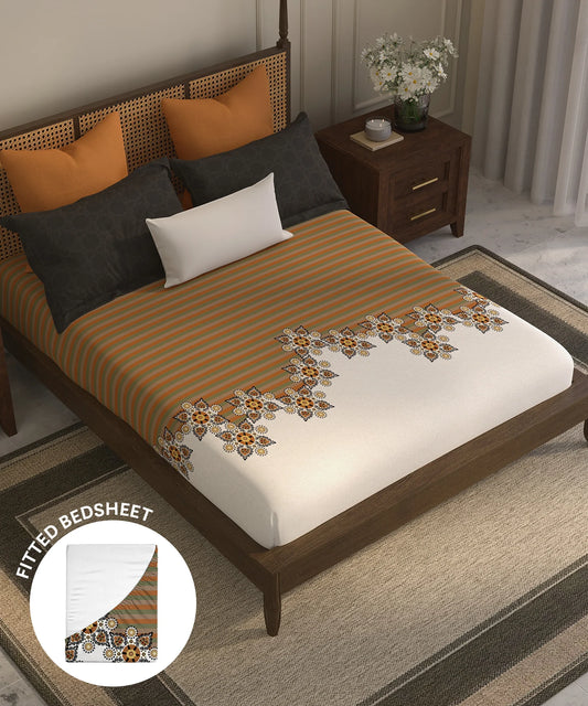 Home Essential Suzani King Fitted Bedsheet Set, Silsila|144 TC Cotton| 2 Pillow Covers