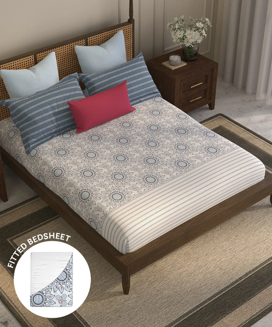 Home Essential Suzani King Fitted Bedsheet Set, Vata Stuti|144 TC Cotton| 2 Pillow Covers
