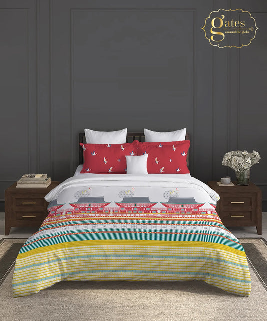 Gates Around The Goble King Bedsheet Set, Torii| 180 TC Cotton| 2 Pillow Covers