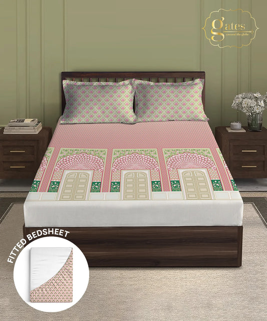 Gates Around The Goble King Fitted Bedsheet Set, Lirale| 180 TC Cotton| 2 Pillow Covers