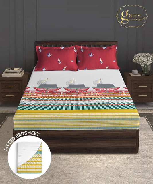 Gates Around The Goble King Fitted Bedsheet Set, Torii| 180 TC Cotton| 2 Pillow Covers