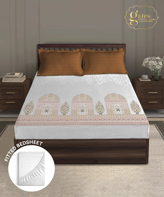 Gates Around The Goble King Fitted Bedsheet Set, Whitemyst| 180 TC Cotton| 2 Pillow Covers