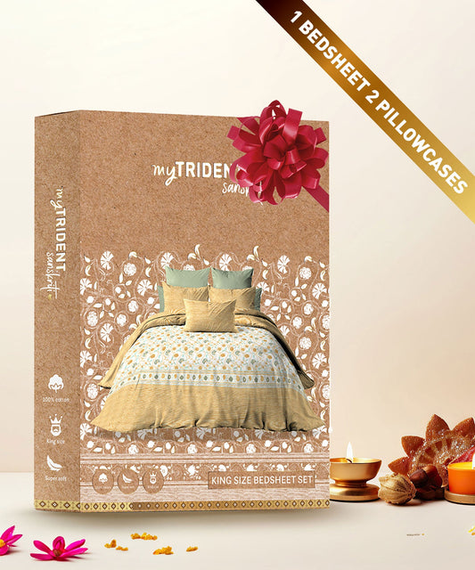 Sanskriti King Bedsheet Set, Block Print Mastard| 144TC Cotton|2 Pillow Covers
