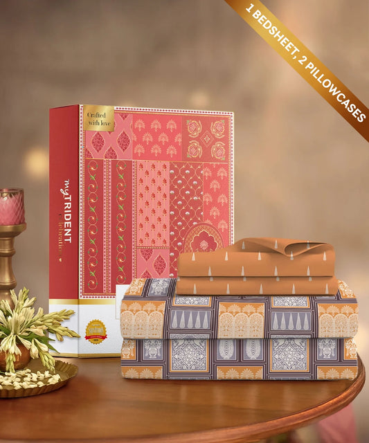 Celebration Queen Bedsheet Set, Gharana Grey | 144 TC Cotton| 2 Pillow Covers
