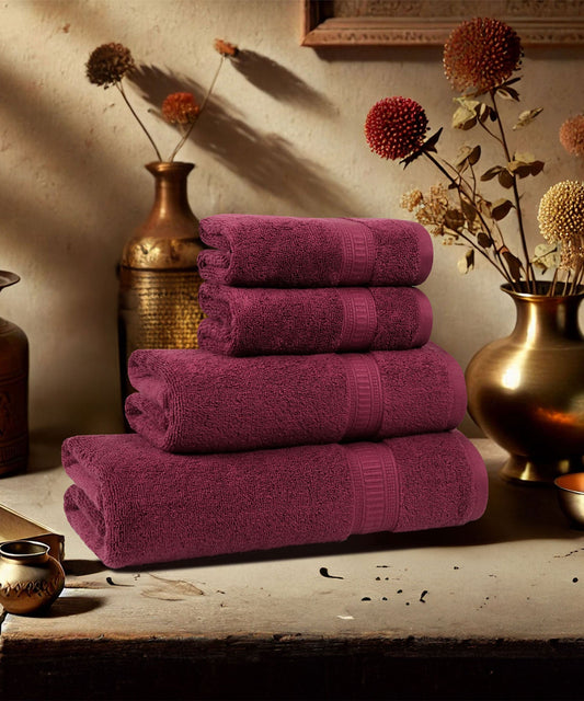 Classic Kasturi 4pc Towel Set, Fig Wine|509 GSM Cotton