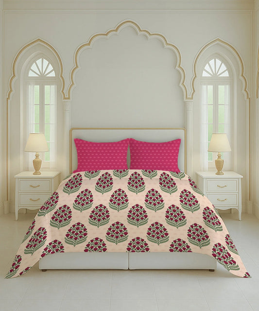 Home Essential Royal Bloom Queen Bedsheet Set, Dhalia Pink| 144TC Cotton| 2 Pillow Covers