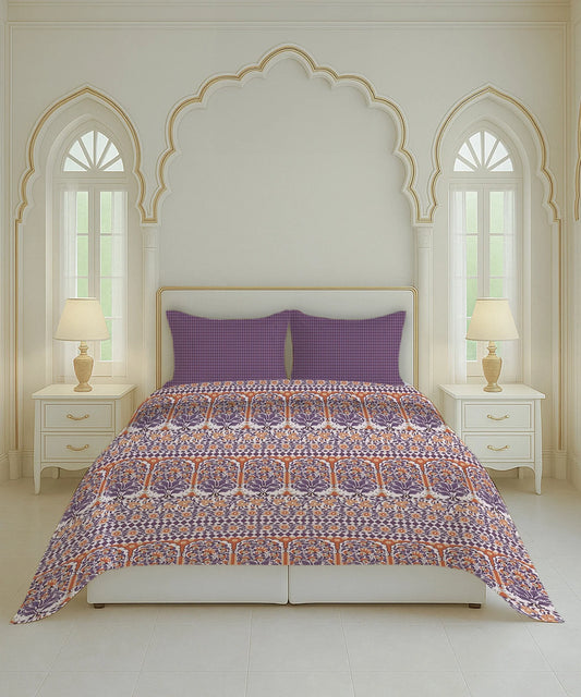 Home Essential Royal Bloom Queen Bedsheet Set, Rosario Purple| 144TC Cotton| 2 Pillow Covers