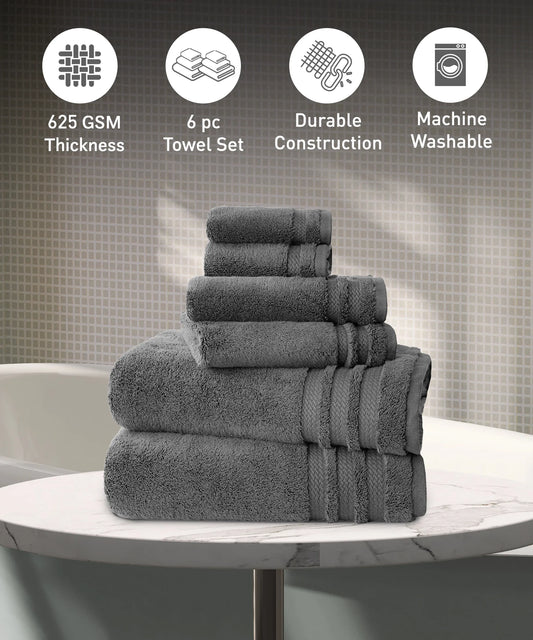Luxury 6 PC Towel Set, Charcoal|625 GSM Cotton|Anti Microbial