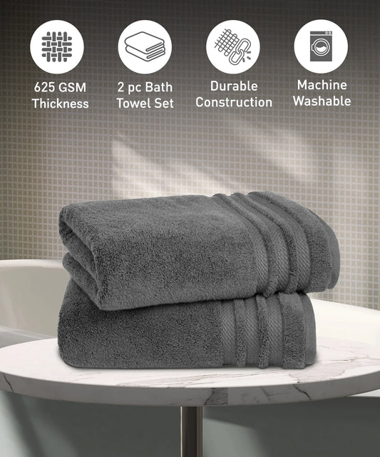 Luxury 2 PC Bath Towel Set, Charcoal|625 GSM Cotton|Anti Microbial