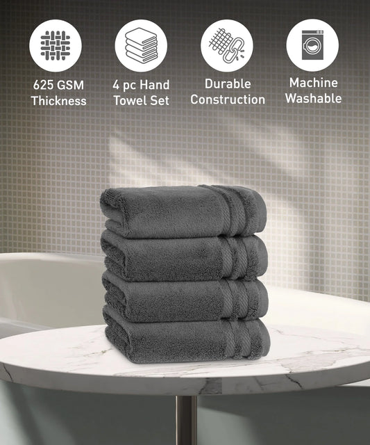 Luxury 4 PC Hand Towel Set, Charcoal|625 GSM Cotton|Anti Microbial