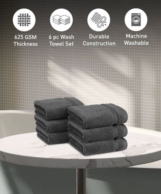 Luxury 6 PC Face Towel Set, Charcoal|625 GSM Cotton|Anti Microbial
