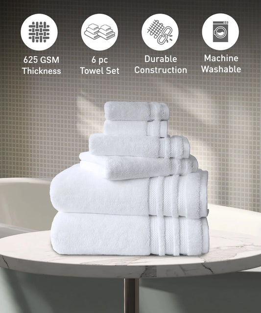 Luxury 6 PC Towel Set, White|625 GSM Cotton|Anti Microbial