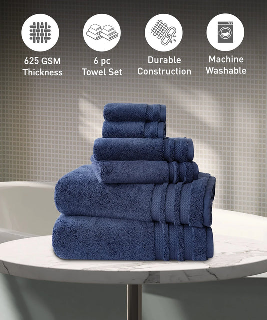 Luxury 6 PC Towel Set, Navy|625 GSM Cotton|Anti Microbial