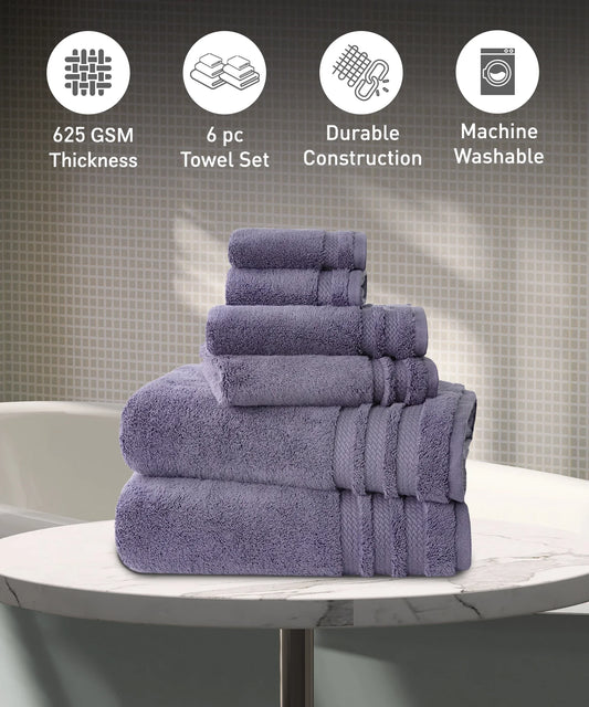 Luxury 6 PC Towel Set, Purple|625 GSM Cotton|Anti Microbial