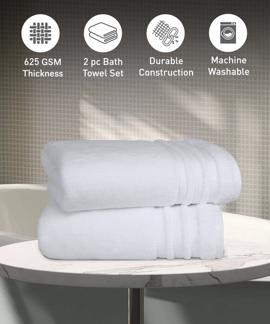 Luxury 2 PC Bath Towel Set, White|625 GSM Cotton|Anti Microbial
