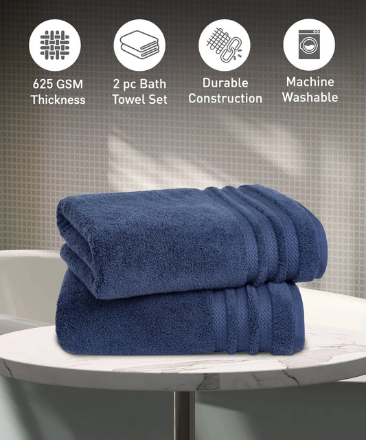 Luxury 2 PC Bath Towel Set, Navy|625 GSM Cotton|Anti Microbial
