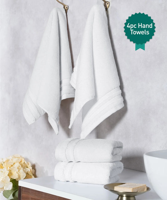 Luxury 4 PC Hand Towel Set, White|625 GSM Cotton|Anti Microbial