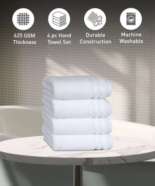 Luxury 4 PC Hand Towel Set, White|625 GSM Cotton|Anti Microbial