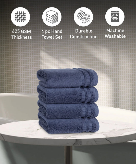 Luxury 4 PC Hand Towel Set, Navy|625 GSM Cotton|Anti Microbial