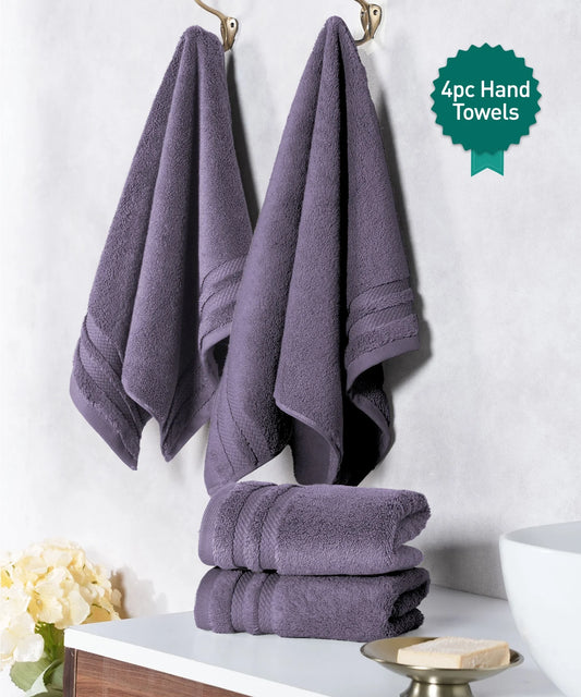 Luxury 4 PC Hand Towel Set, Purple|625 GSM Cotton|Anti Microbial