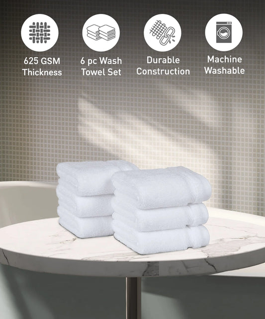 Luxury 6 PC Face Towel Set, White|625 GSM Cotton|Anti Microbial