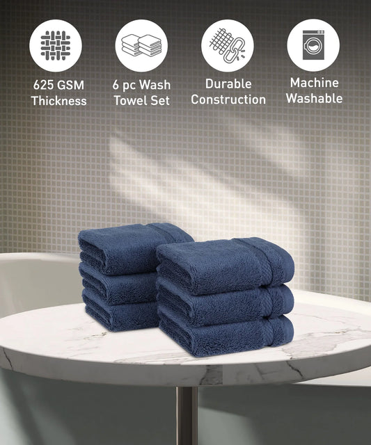Luxury 6 PC Face Towel Set, Navy|625 GSM Cotton|Anti Microbial