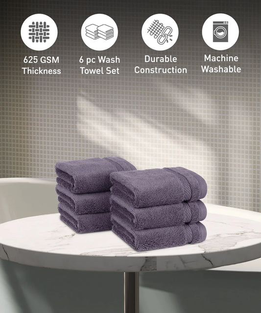 Luxury 6 PC Face Towel Set, Purple|625 GSM Cotton|Anti Microbial